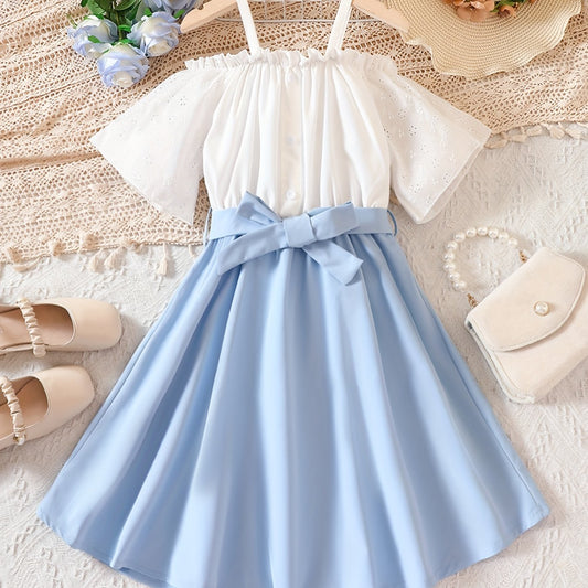 Girls' Cold Shoulder Swing Belted Dress Kids Summer Dresses