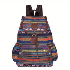 Ethnic Style Flap Backpack Drawstring Canvas Travel Bag