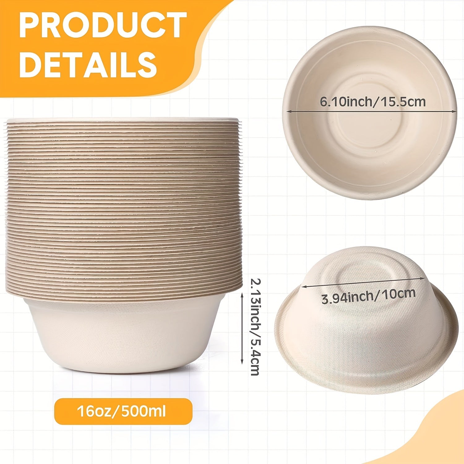 10pcs 16 oz Eco Friendly Biodegradable Sugarcane Pulp Bowl - Microwave Safe