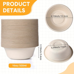 10pcs 16 oz Eco Friendly Biodegradable Sugarcane Pulp Bowl - Microwave Safe