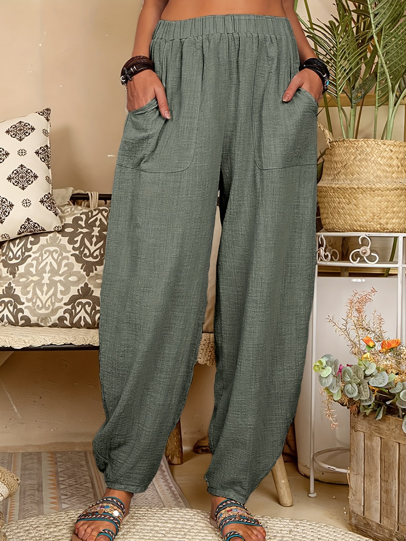  Elastic Waist Harem Pants With Pockets