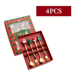 4pcs Christmas Spoon And Fork Set Santa Spoon Dessert Spoon And Fork