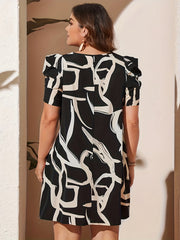 Random Print Lantern Sleeve Round Neck Mini Dress With Pockets