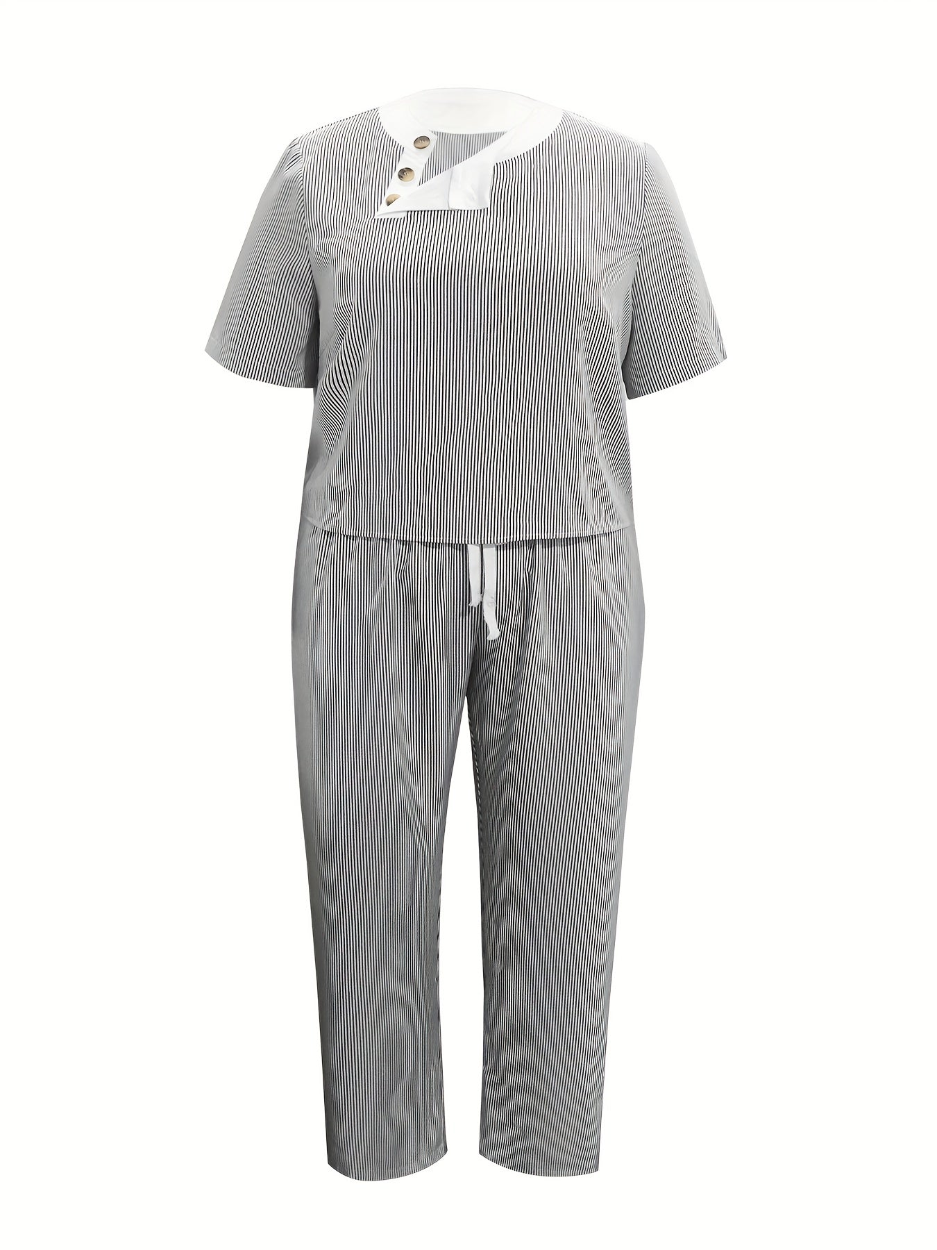 Women's Plus Stripe Print Button Decor Short Sleeve Top & Pants Two Piece