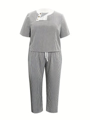 Women's Plus Stripe Print Button Decor Short Sleeve Top & Pants Two Piece
