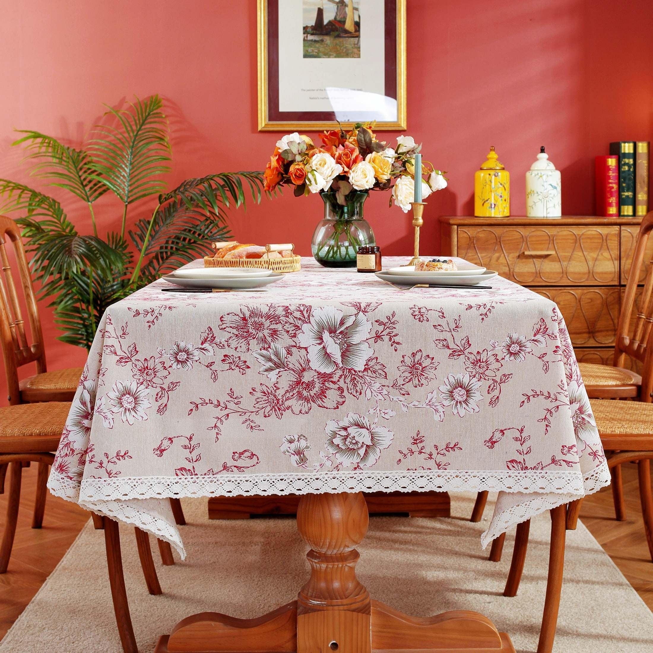 Vintage Peony Flower Lace Macrame Tablecloth