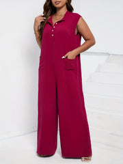  Button Up Mock Neck Wide Leg Jumpsuit