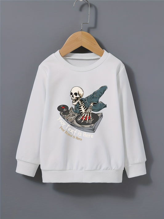 Cartoon DJ Skeleton Print Kid's Sweatshirt Halloween Style Long Sleeve Top