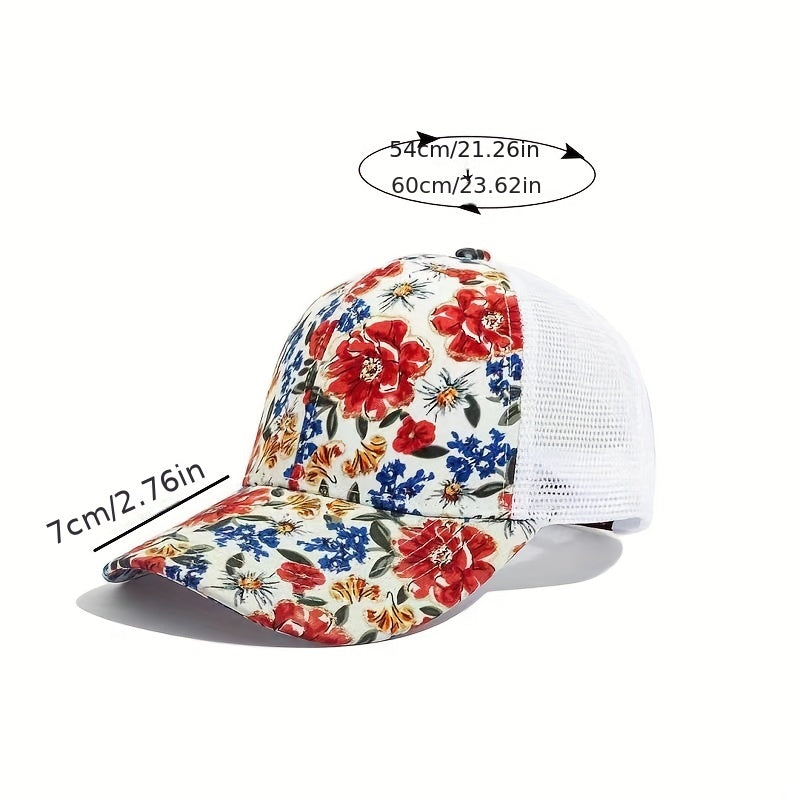 Red Flower Print Trucker Hat Breathable Sunscreen Dad Cap