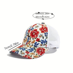 Red Flower Print Trucker Hat Breathable Sunscreen Dad Cap