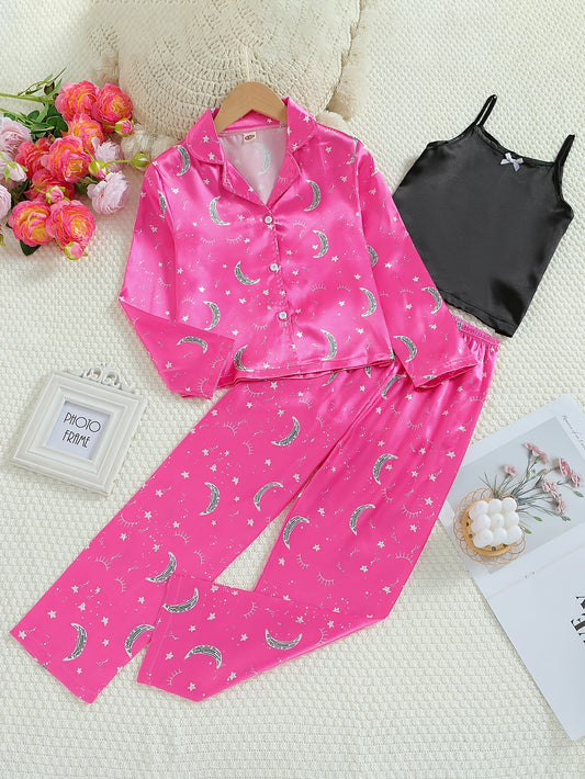 3pc Moon Pattern Satin Pajamas Set Comfy Lounge Wear