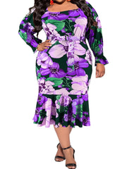 Floral Print Flounce Sleeve Square Neck Midi Dress