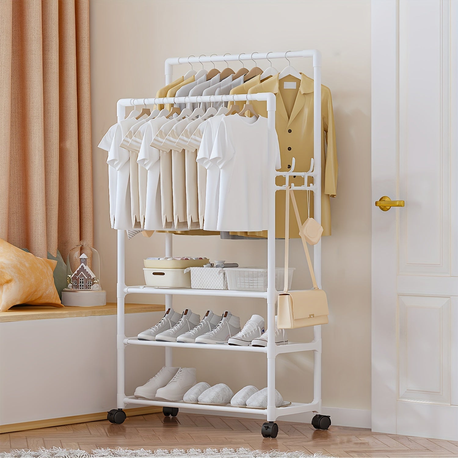 3 Layer Clothes Rack Floor Stand Hat Rack Shoe Hat Rack Movable Bag Storage Rack