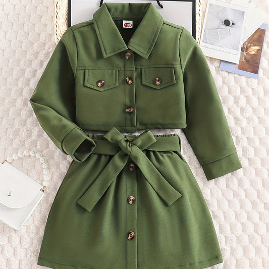 Girl's 2pcs Button Front Jacket & Belted Skirt Set for Spring Autumn