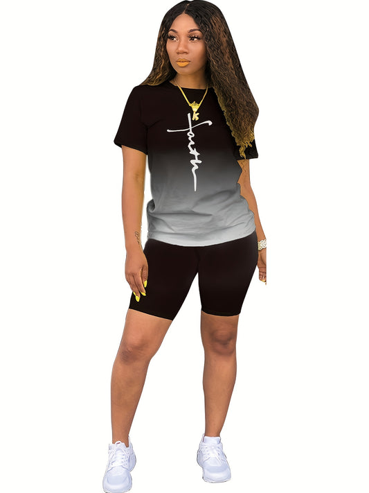Faith Print Ombre Two-piece Set Short Sleeve Tops & Shorts