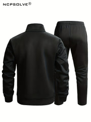 Men's Sports Suit Stand Collar Zip Jacket Solid Waist Pants