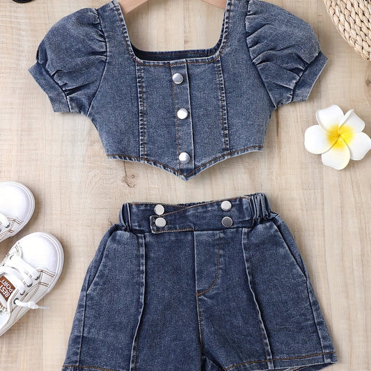 Y2K Denim Cropped Top & Shorts Set for Girls