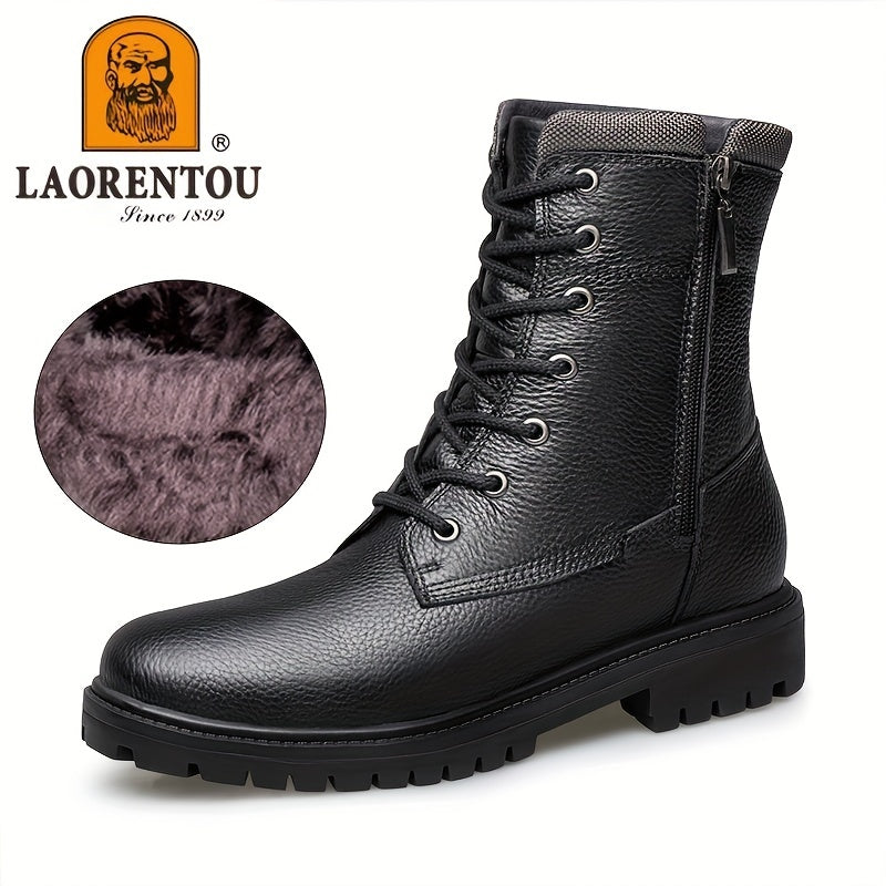 Men's Lace Up Service Boots with Side Zipper Casual Leather Walking Shoes