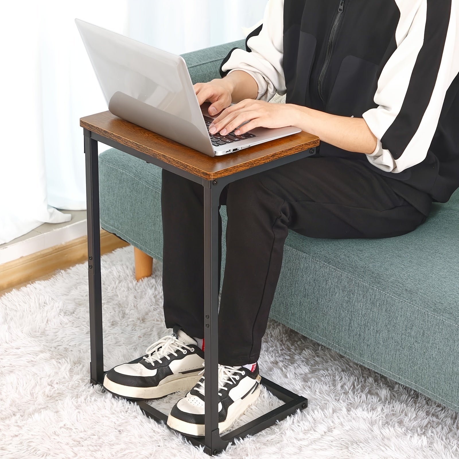 Retro C-shaped Coffee Table for Sofa Side with Metal Frame