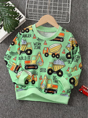 Excavator & Truck Print Sweatshirt Boy's Casual Graphic Crew Neck Pullover Sweat