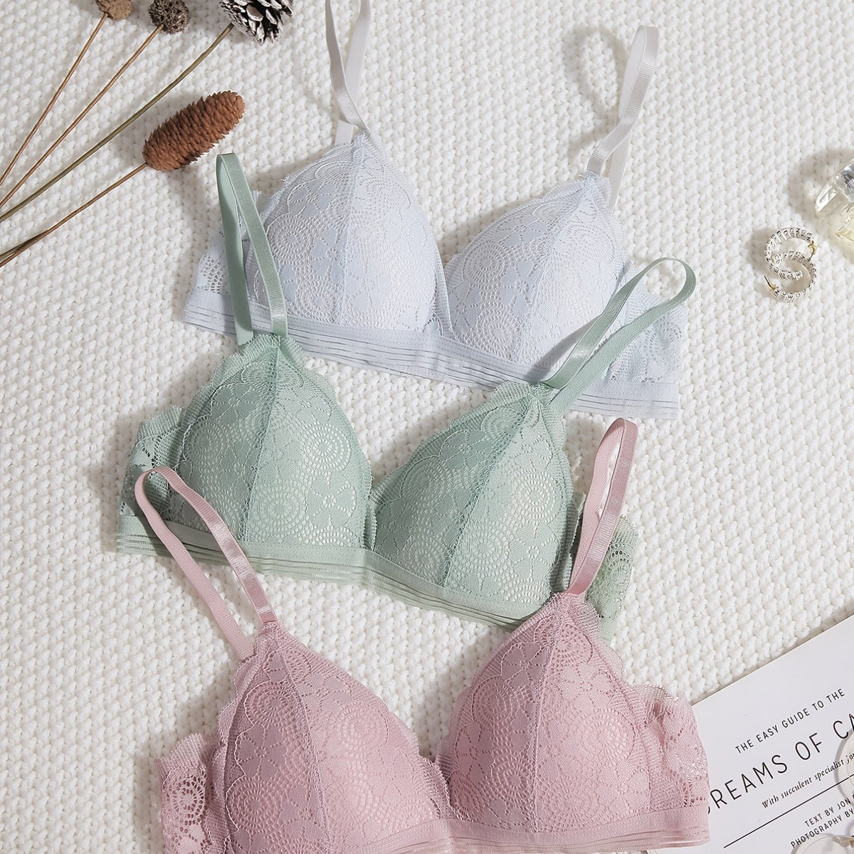 3 Pcs Floral Lace Wireless Push Up Bras Women's Lingerie