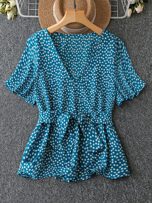  Ditsy Floral Print V Neck Flare Blouse