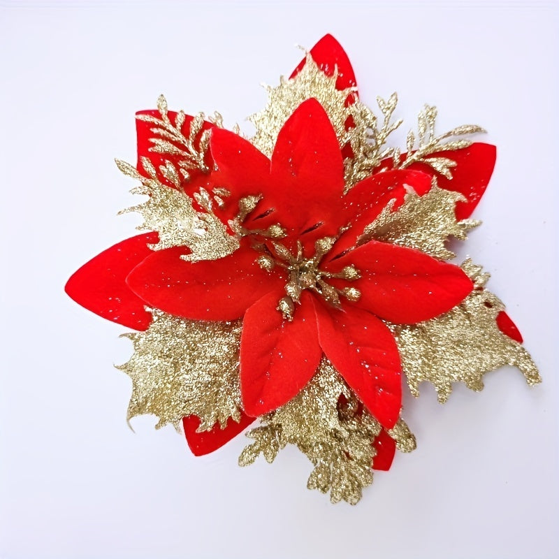 6pcs Glitter Poinsettia Flowers Red Christmas Tree Ornaments