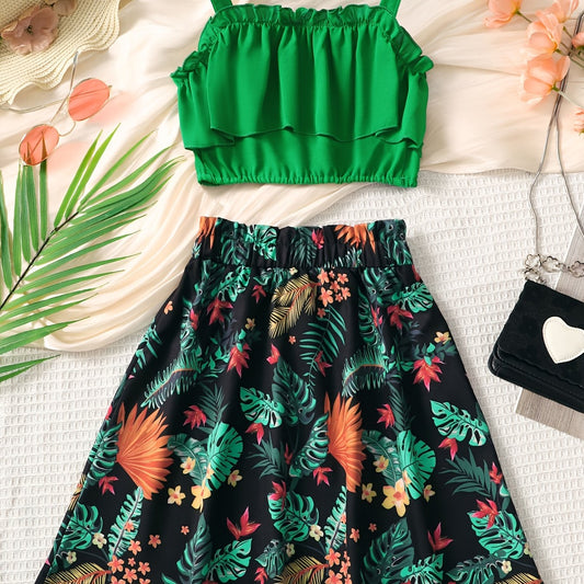 2pcs Toddler Girls Ruffle Cami Crop Tops & Leaf Skirt Set Kids Summer Clothes