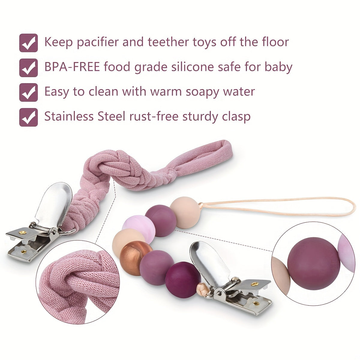 2pcs Pacifier Clips For Baby Soft Braided Holder BPA Silicone Beads Gift