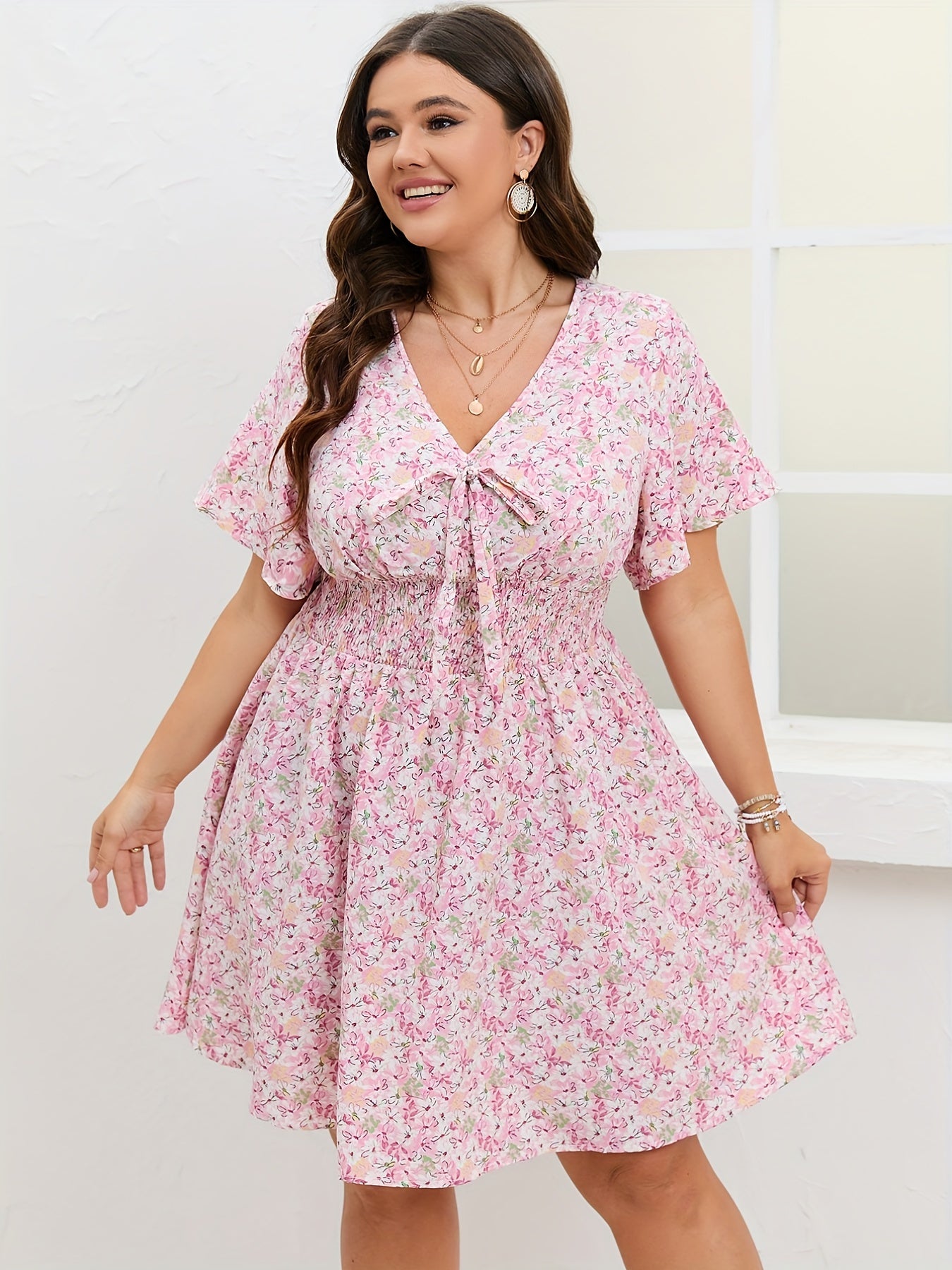  Women's Retro Floral Print Short Sleeve Dress