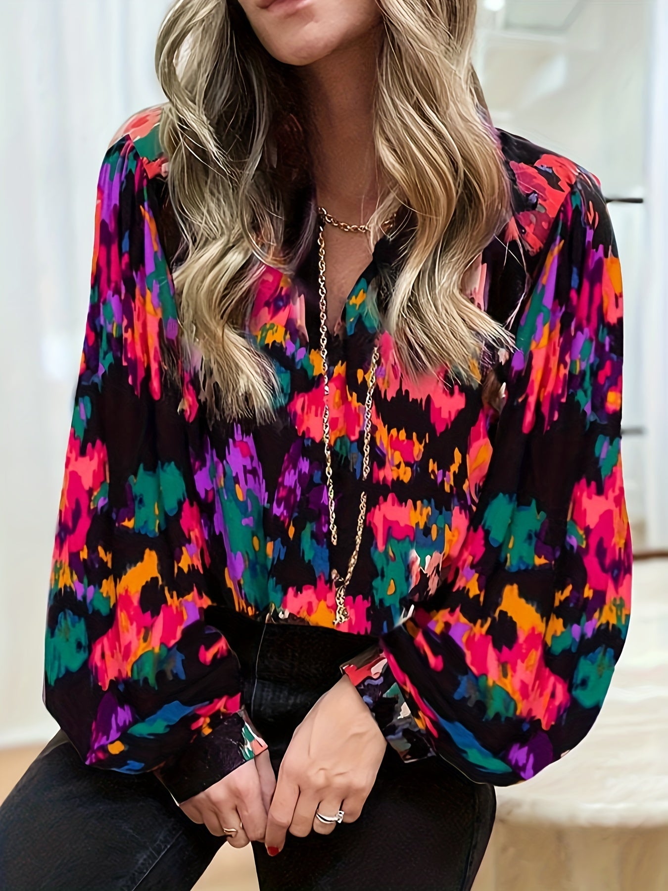  Tie Dye Lantern Sleeve V Neck Top