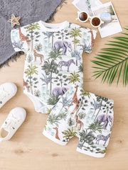 2pcs Baby Boys Animal Print Onesie & Shorts Set