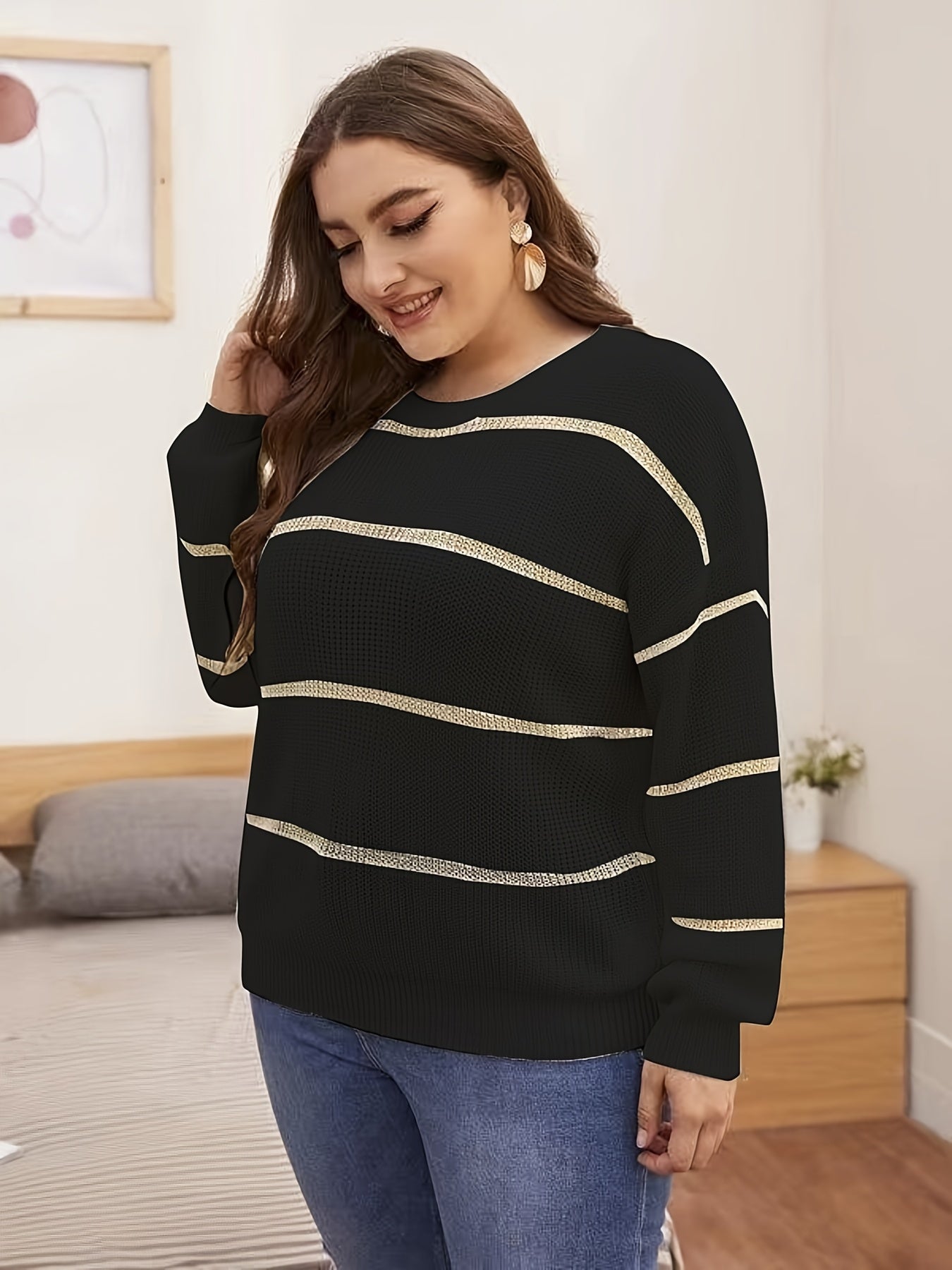  Striped Round Neck Sweater High Stretch
