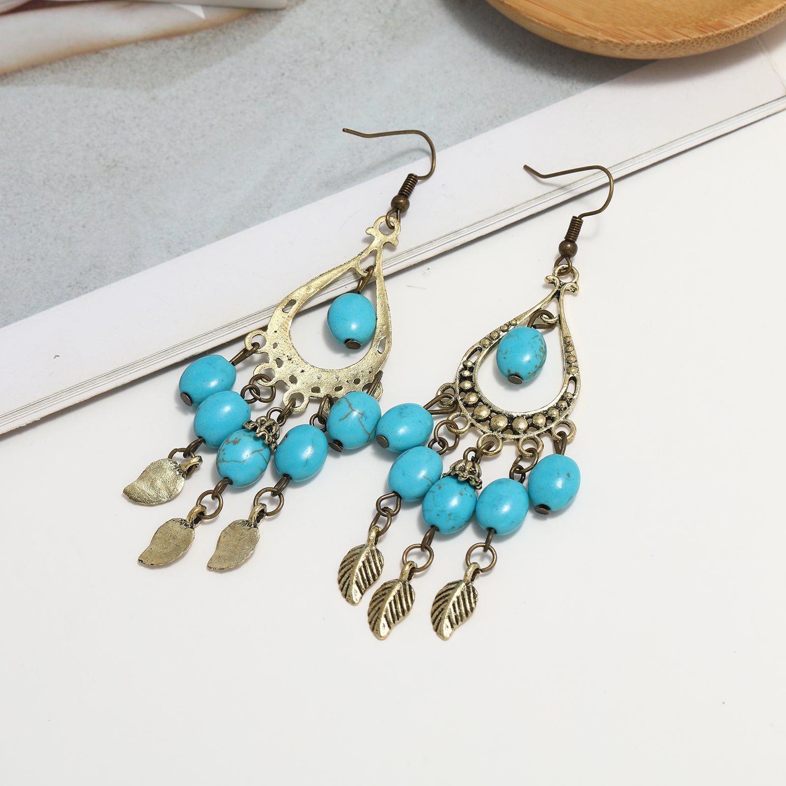 Vintage Boho Turquoise Leaf Dangle Earrings Women's Casual Jewelry