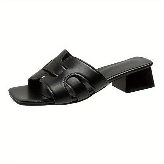 Low Heeled Sandals Square Open Toe Slip On Chunky Heeled Slide Sandals