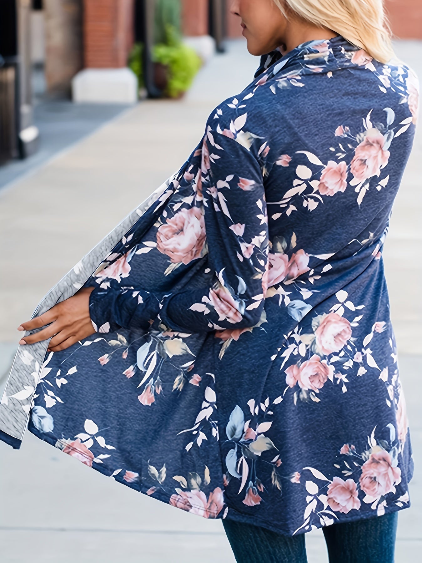  Floral Print Long Sleeve Open Front Cardigan