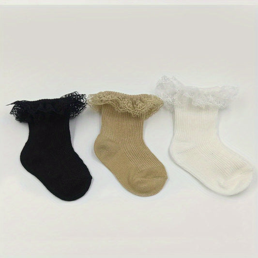 3 Pairs Baby Toddler Lace Ruffled Socks For Autumn Winter