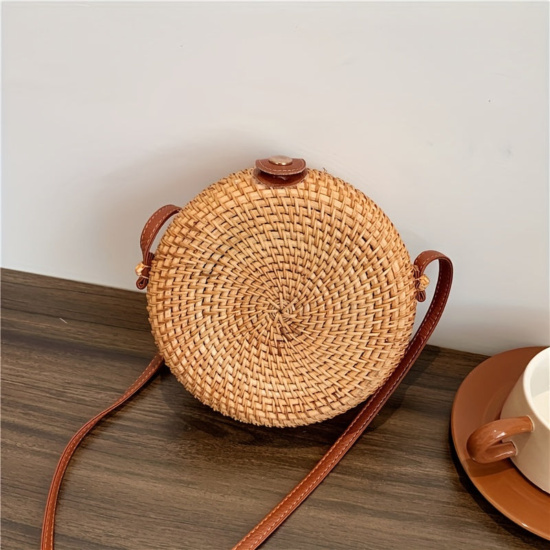 Boho Style Round Rattan Woven Bag Square Beach Straw Crossbody Purse