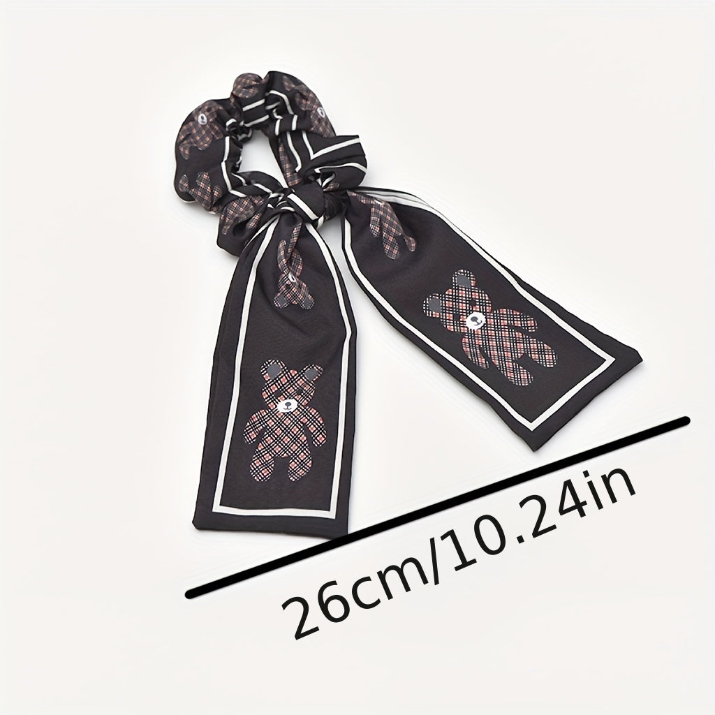 Streamer Bow Knot Bear Pattern Hair Tie Large Scrunchie