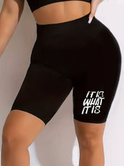  Casual Shorts Women's Plus Letter Print High Rise Biker Shorts