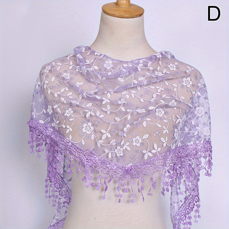 Lace Tassel Triangle Scarf Solid Flower Embroidery Shawl Mesh