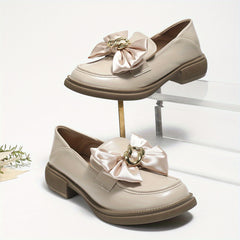 Women's Satin Bow Loafers Slip On Chunky Shoes
