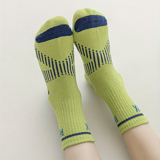 5 Pairs Boy's Striped Letter Crew Socks Cotton Blend Comfy Casual Style