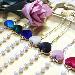 Velvet Double Heart Pendant Mask Chain with Faux Pearl Detail