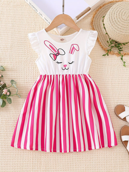 Toddler Girls Ruffle Trim Cartoon Graphic Rabbit Striped Princess Dress