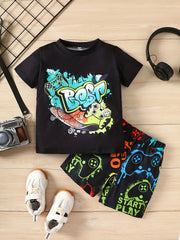 Boys Gamepad Skateboard Print Outfit T shirt & Shorts Kids Summer Clothes