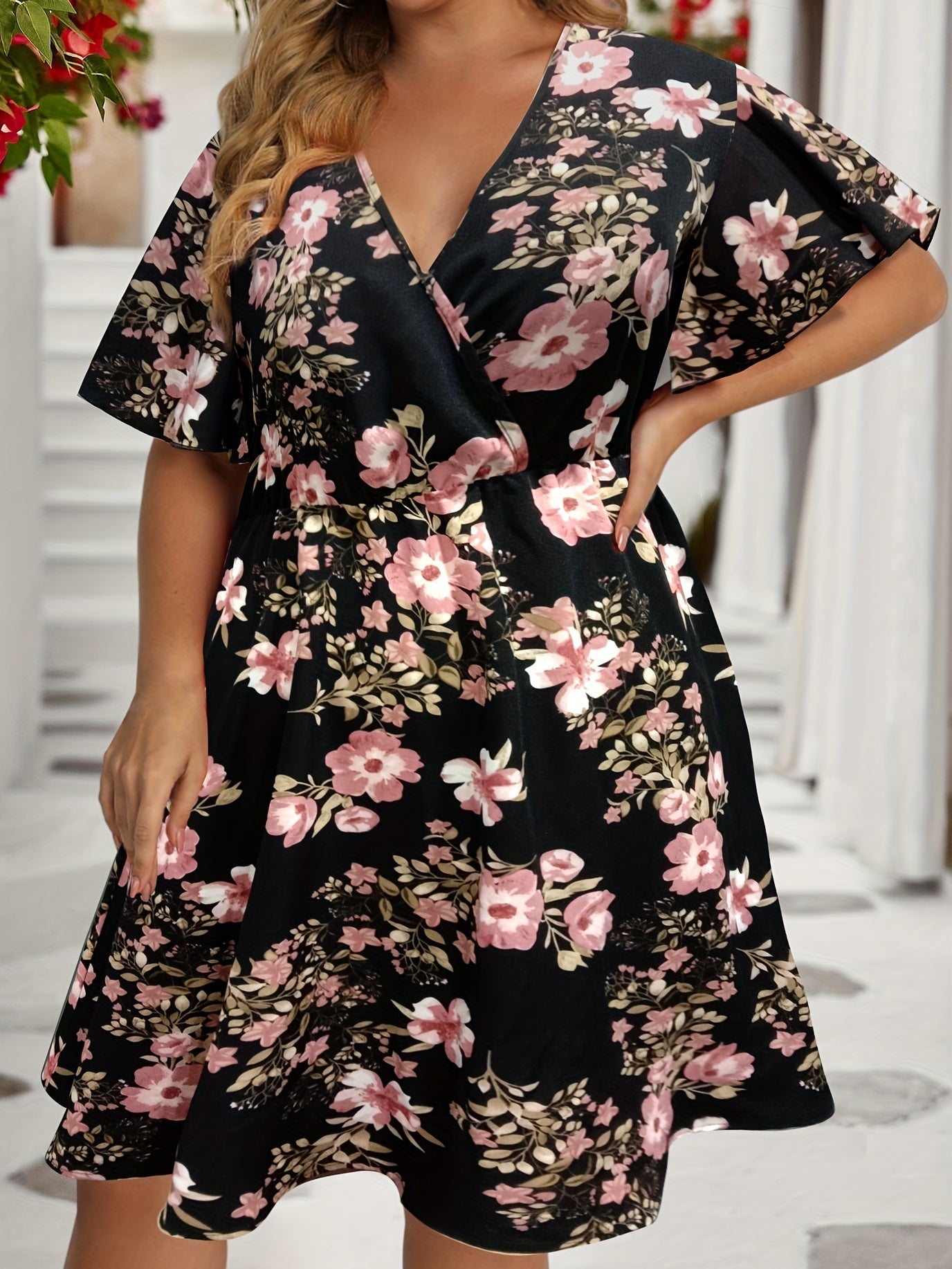  Floral Print Flutter Sleeve Surplice Neck Dress