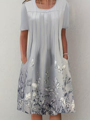 Floral Print Pleated Front Dress Short Sleeve Dual Pockets