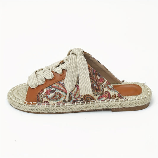 Women's Retro Flower Flat Sandals Lace-Up Espadrilles Comfortable Summer Shoes