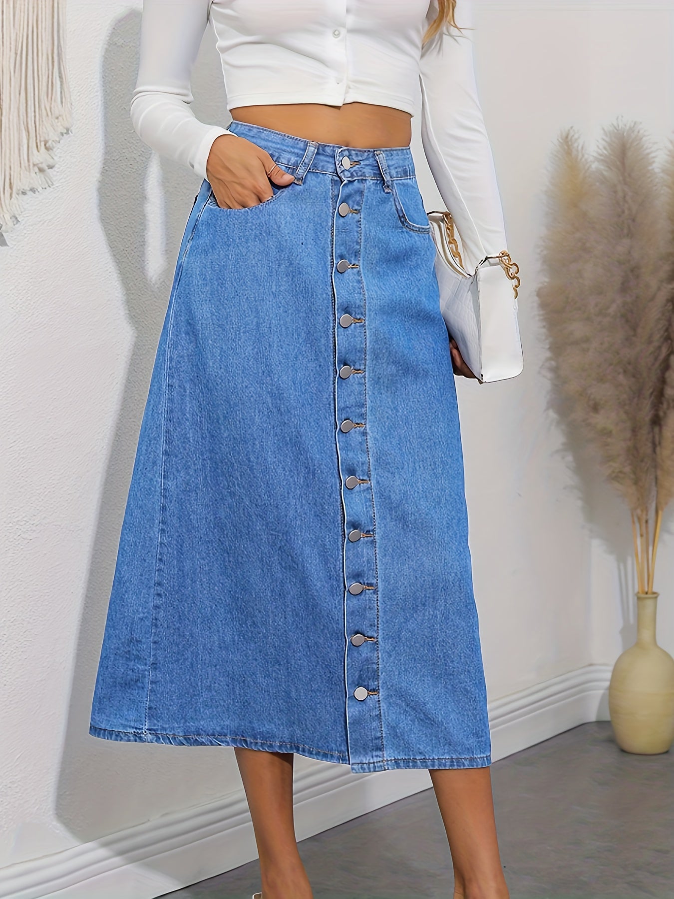 Denim Maxi Skirt Button Front Women's Clothing